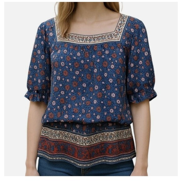 Knox Rose Peasant Square Top Cotton Blue Boho Ditzy Floral Balloon SLV Fall SZ L - Picture 1 of 10